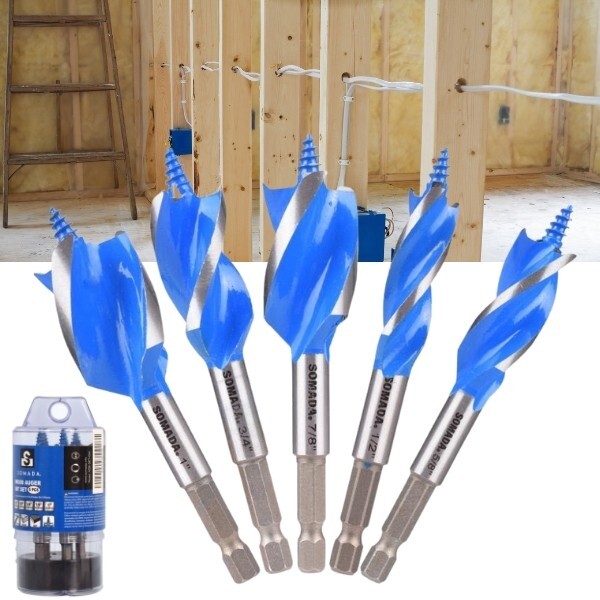 Wood Auger Drill Bit Set 5-Piece 1/2 5/8 3/4 7/8 1 Inch Hex Shank Woodworking