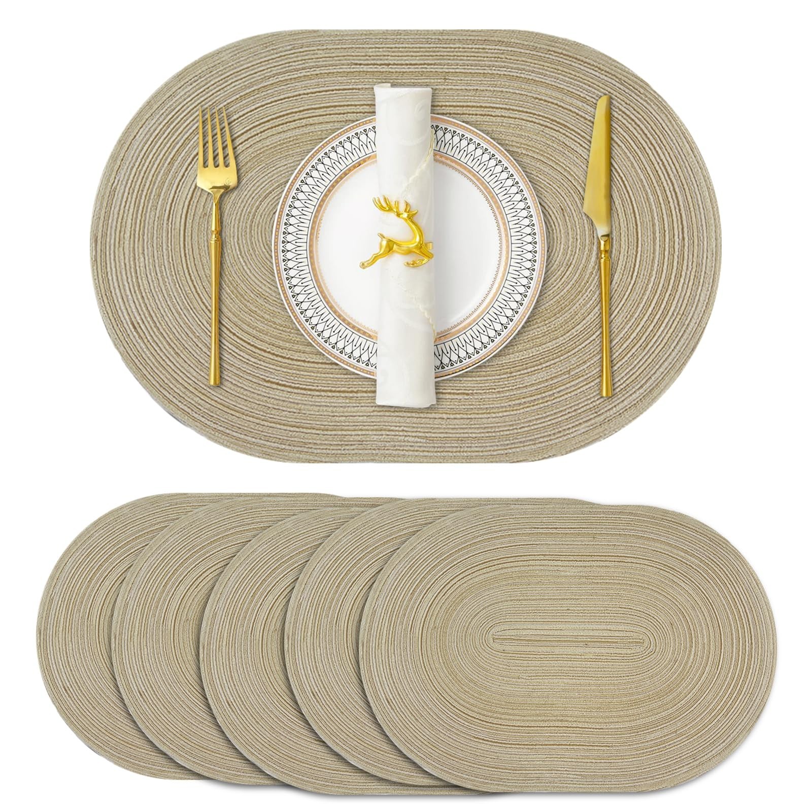 JeogYong Oval Placemats Set of 6 Washable Placemats Woven Placemats 14 x 20 I...