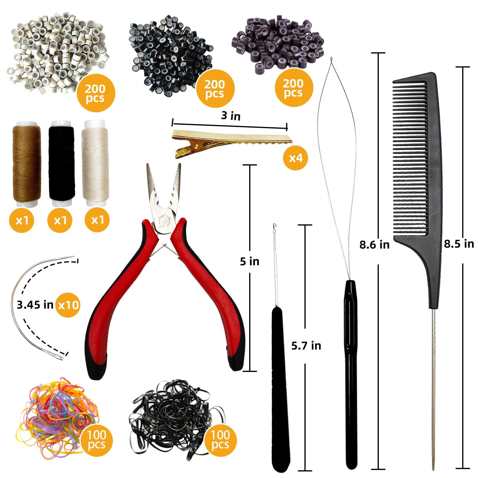Sew in Hair Extensions Kit, Microlink Tool Compact, Black, Beige, and Brown