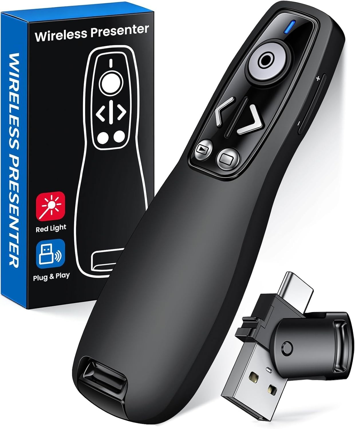 Plug & Play 2.4GHz Presentation Clicker with Volume Control & Red Light Pointer