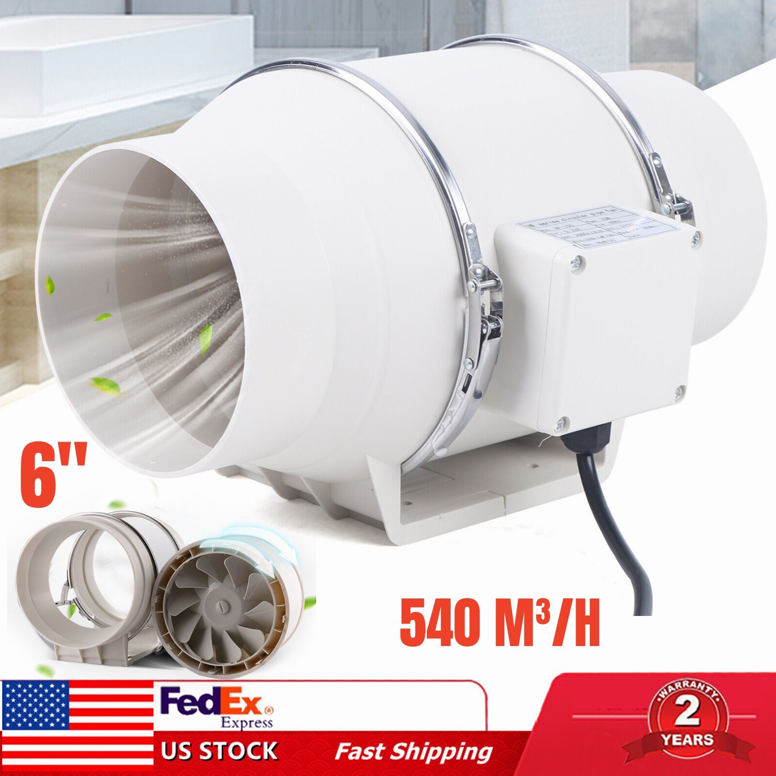 6" Inline Duct Fan Extraction Ventilation Fan Quiet Exhaust Blower 2600 R/Min