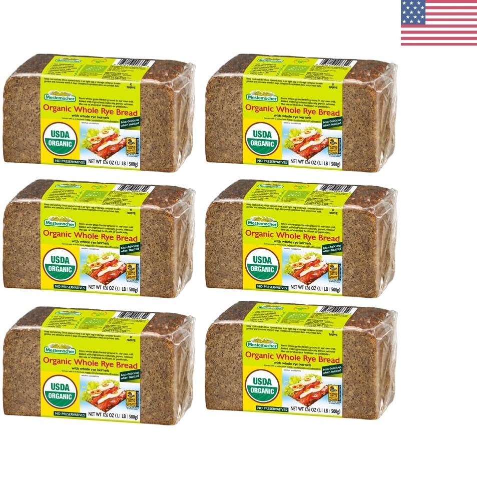 Pack of 6 Organic Whole Rye Bread, 17.6 oz – Fiber-Rich & Preservative-Free