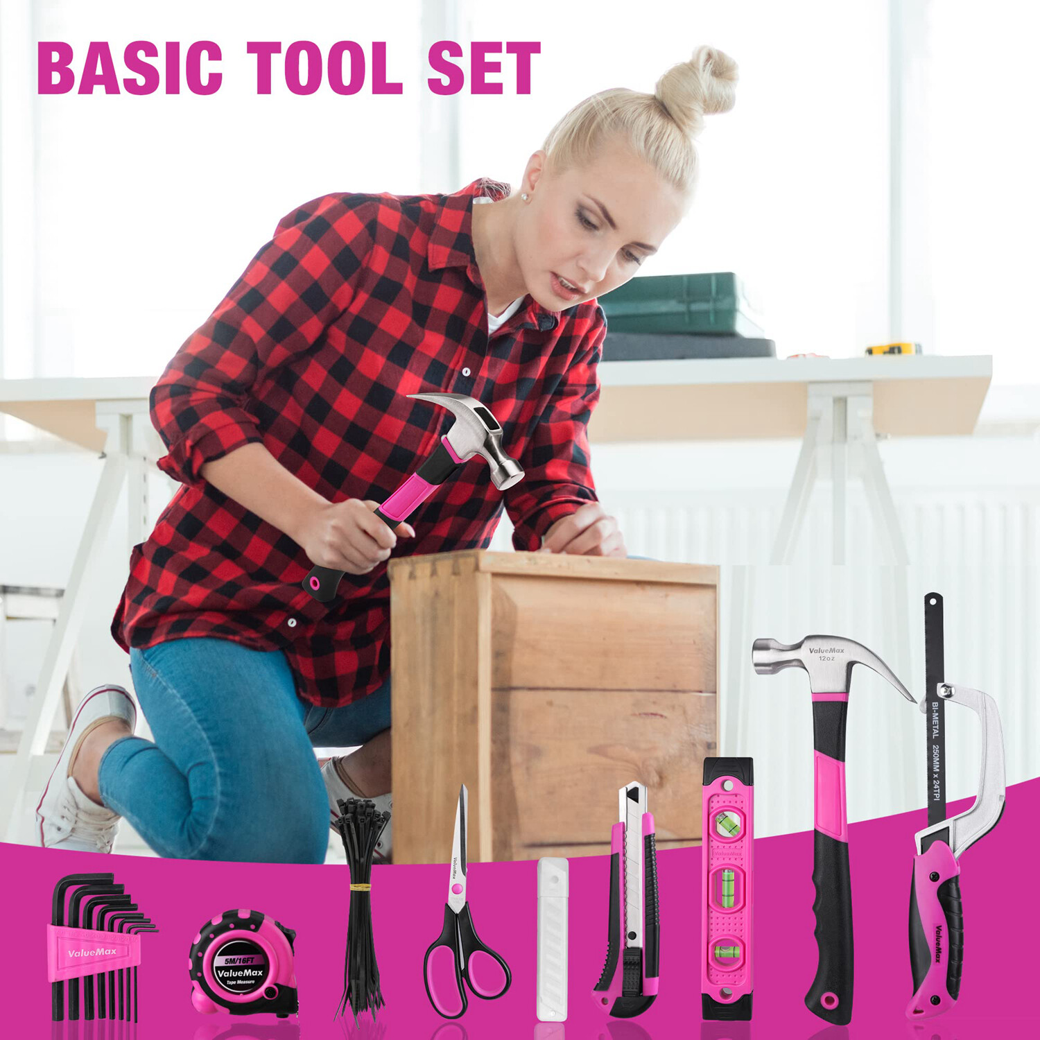 ValueMax 238PC Pink Tool Set Home Tool Kit 20V Cordless Drill Tool Set Drill Set