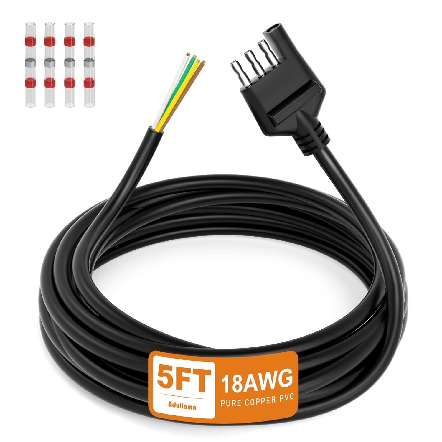 4 Way Trailer Wiring Harness 5FT Jacketed Cable, 18AWG 4 Pin Flat Trailer Extens