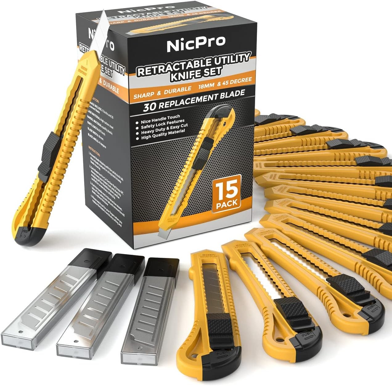 Nicpro 15 Pack Utility Knives with 30 PCS Extra Blades, Plastic Box Cutters Bulk
