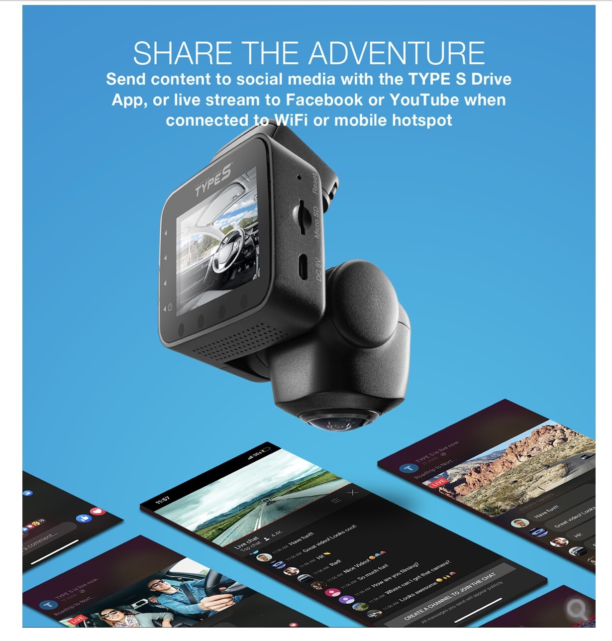 TYPE S, 360 Degree Smart Dash Cam Camera | HD Live Video Streaming