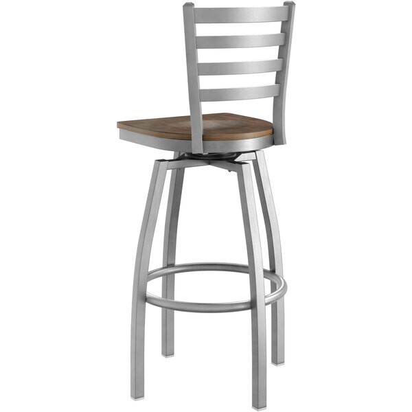 10 PACK Clear Coat Ladder Back Swivel Metal Restaurant Barstool w/ Vintage Wood