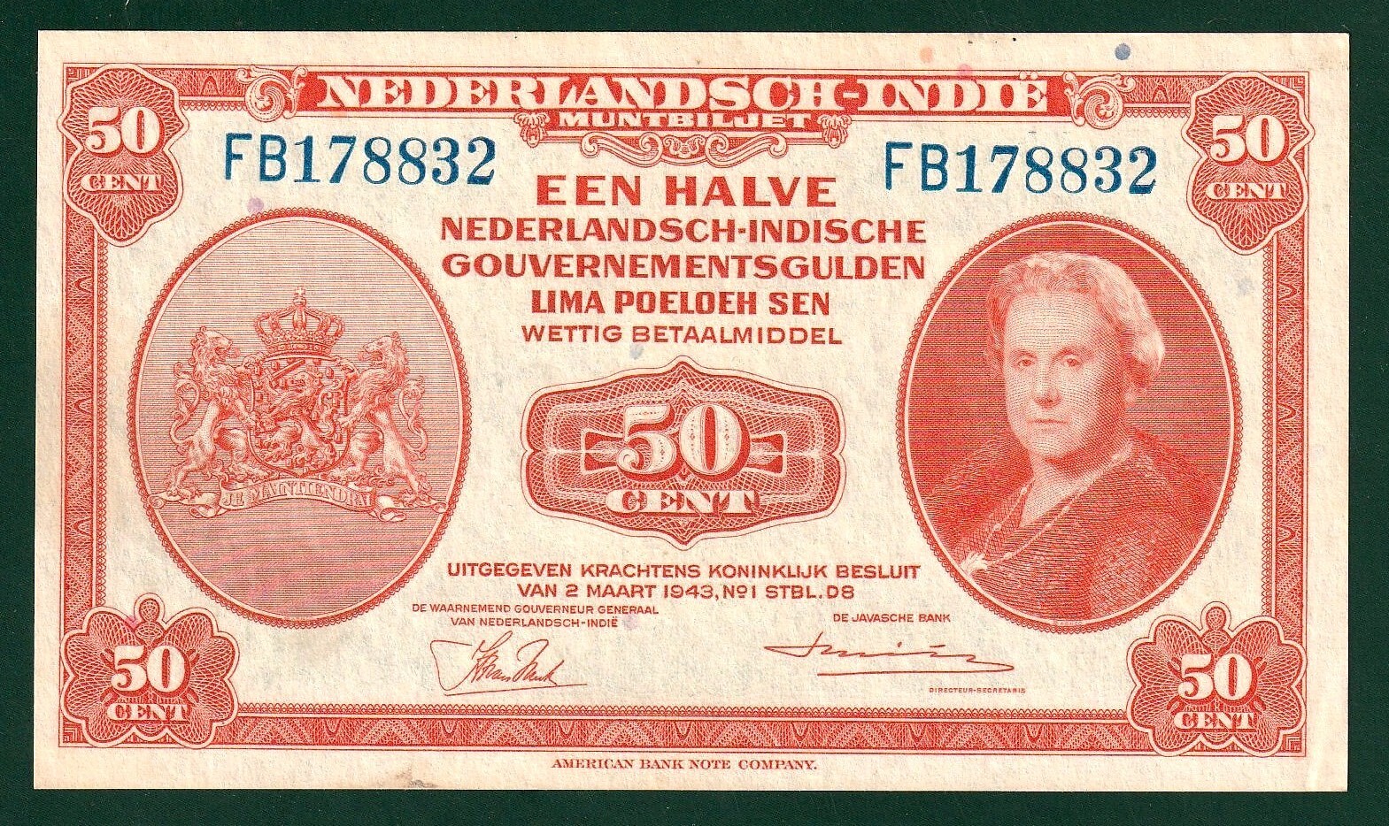 Netherlands Indies, Muntbiljet (Coin Note) Issue, 50 Cents, 1943, P-110a, UNC-