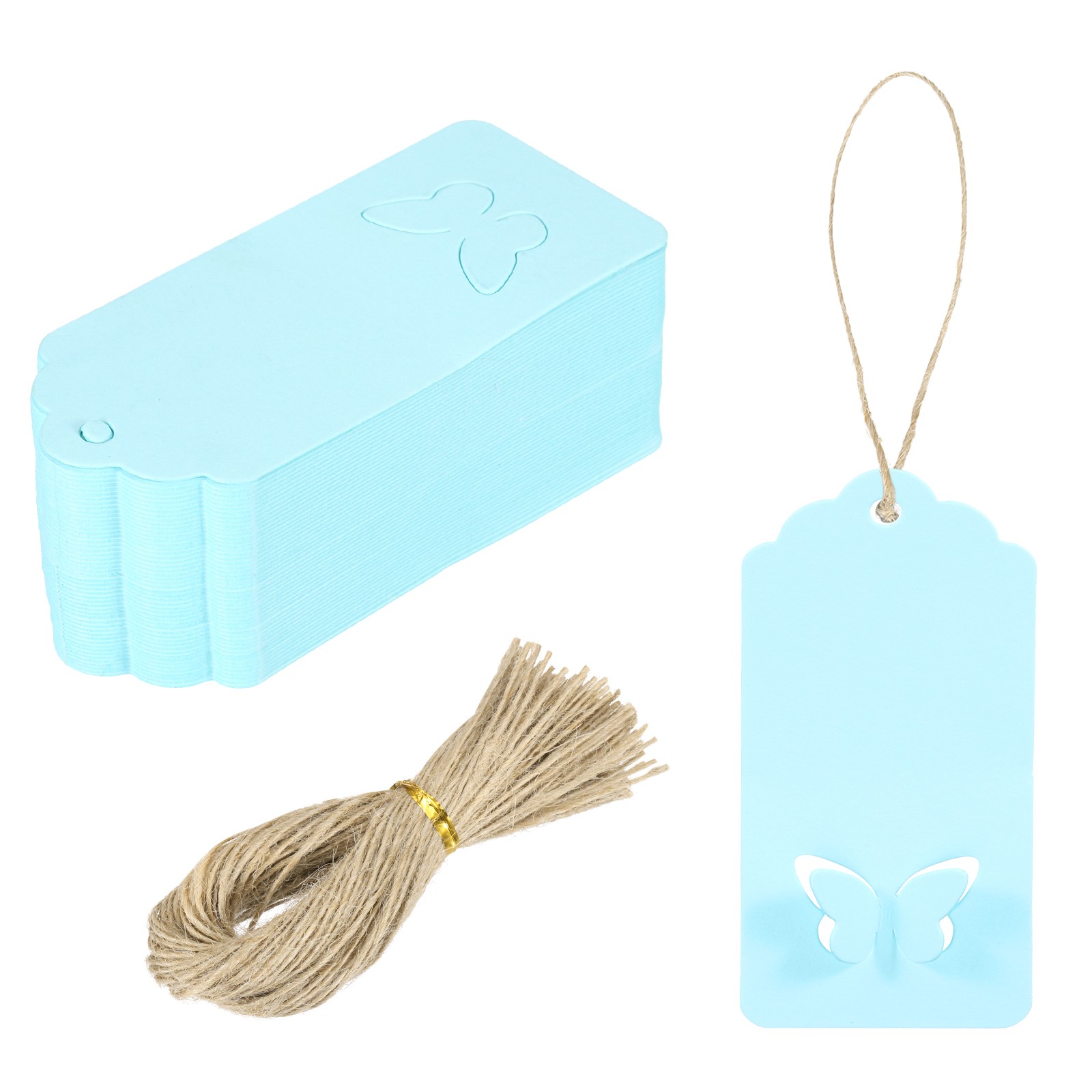 100Pcs Kraft Paper Tags String 3.5 x 1.6 Inch Wave Shape Blue