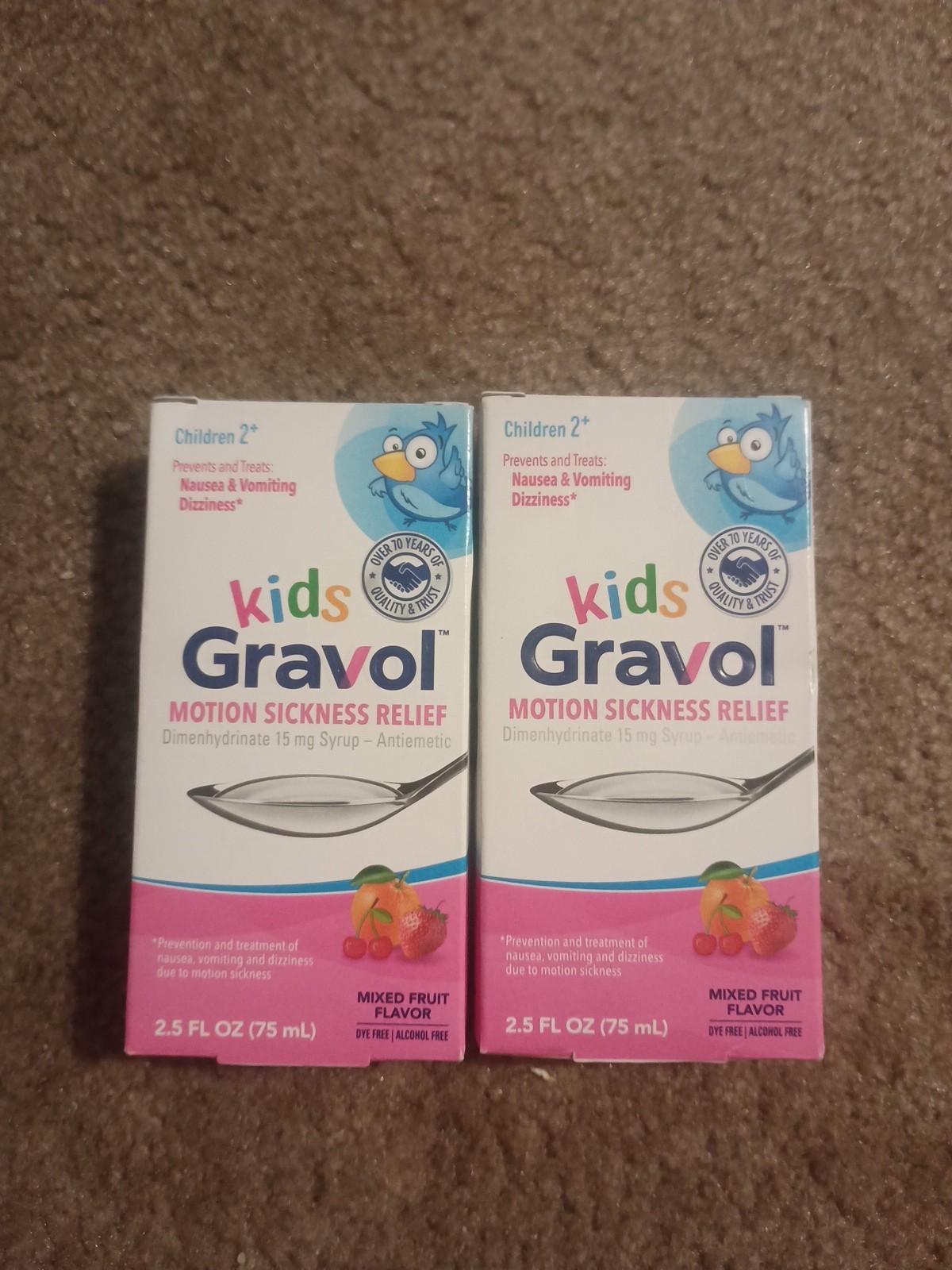 Gravol Kids Motion Sickness Relief Liquid 2.5 fl oz Lot of 2 Boxes Mixed Fruit