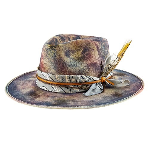 Vintage Wide Brim Fedora Hats for Mens Women 100% Wool Felt 7 1/8 Graffiti Blue