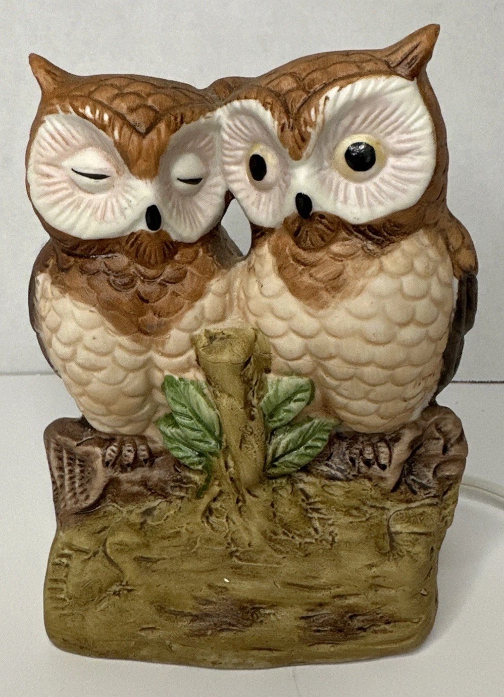 Vintage Ceramic Bisque Hand Painted Owl Couple On Branch Night Light 6” H