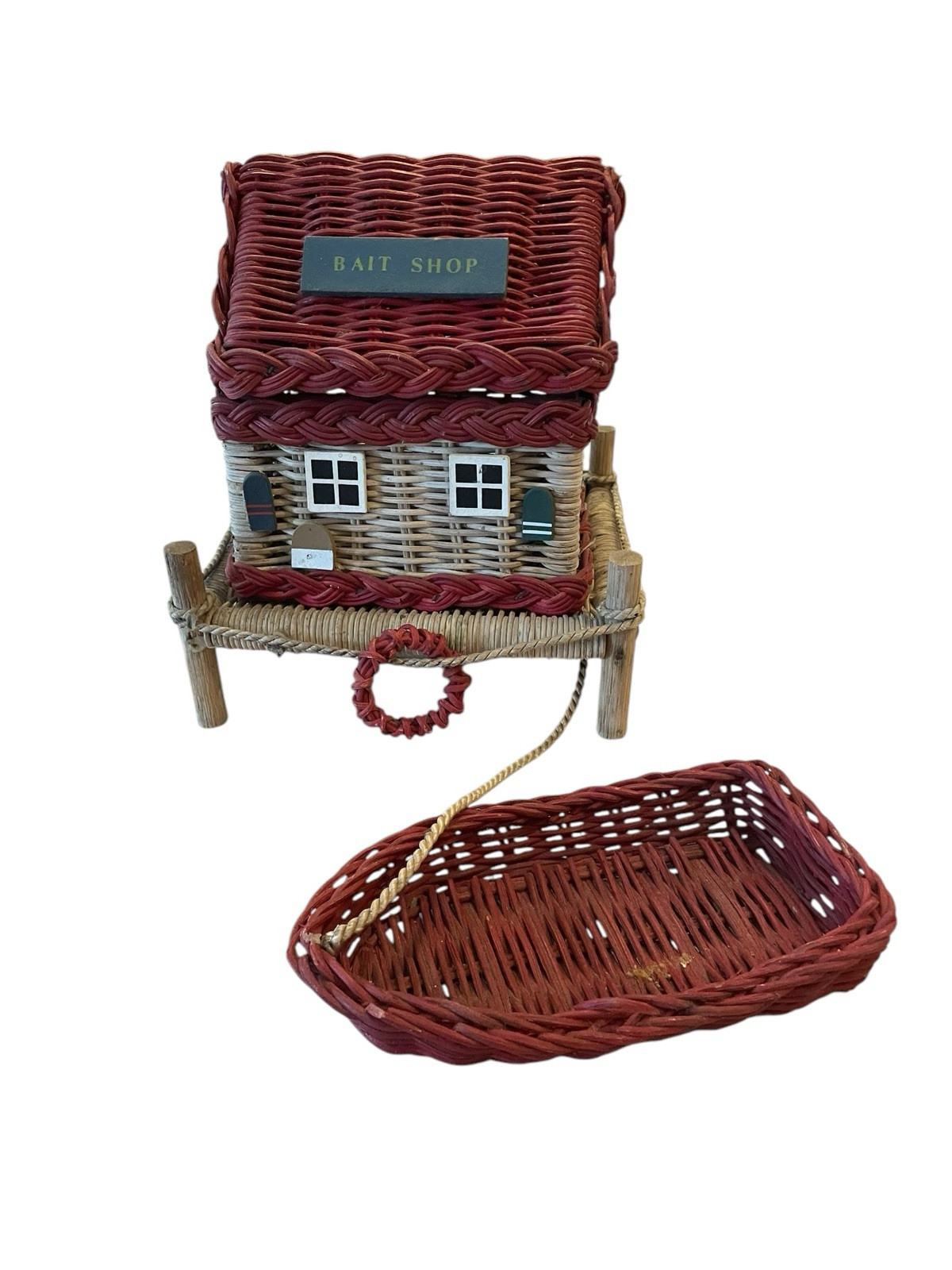 Vintage Wicker Basket “Bait Shop” Hinged Basket Red Lake House Decor Cottage
