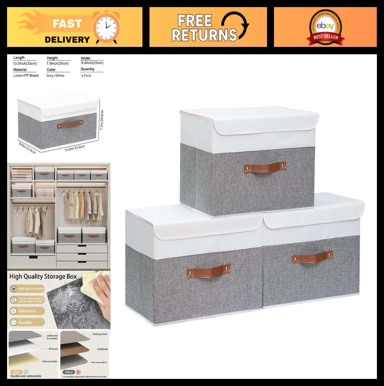 Collapsible Fabric Storage Bins 3-Pack, Washable Cube Organizer with Lids, Grey/