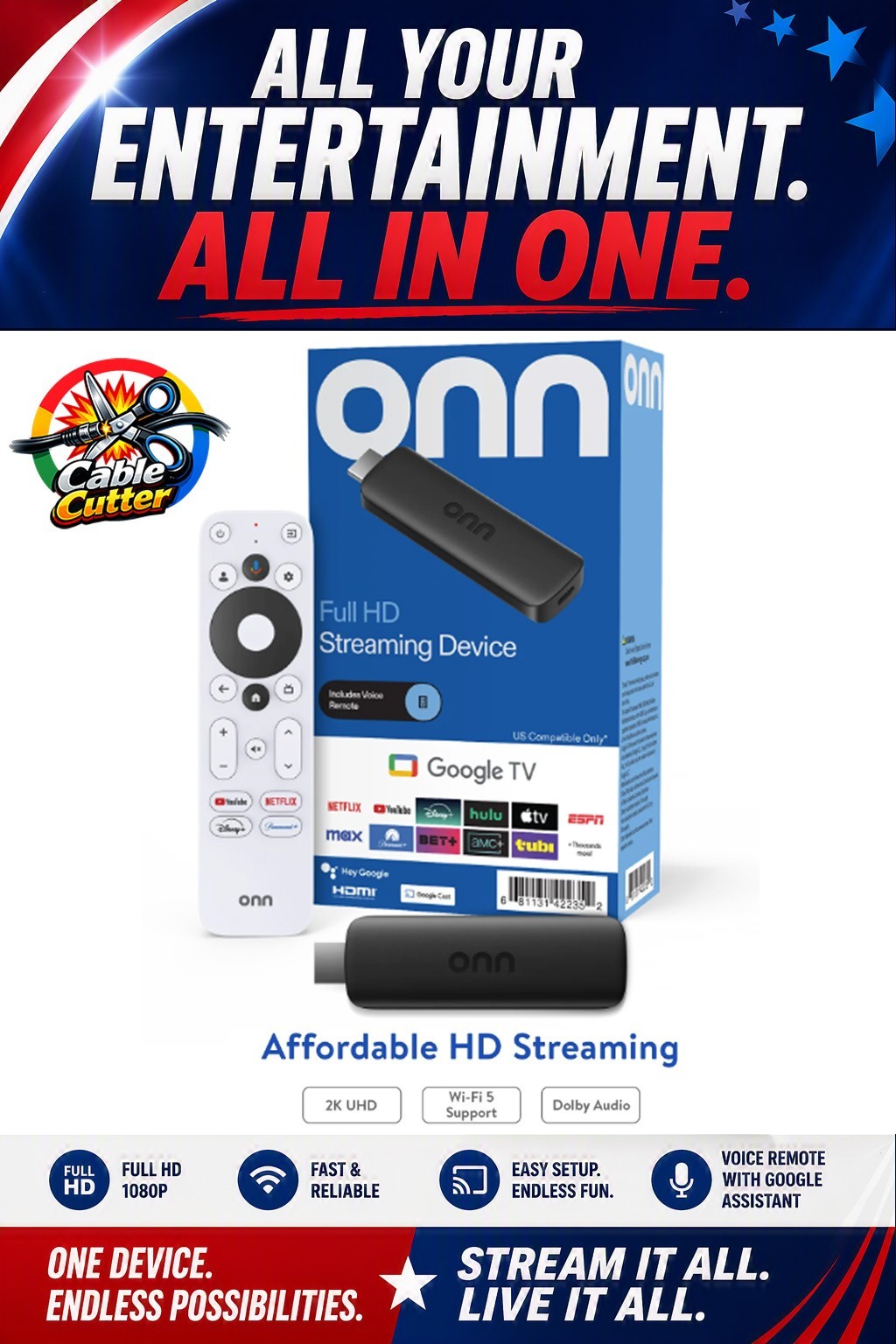 ONN HD Streaming Media Device TV Voice Remote HDMI Dolby Audio Plug and Play