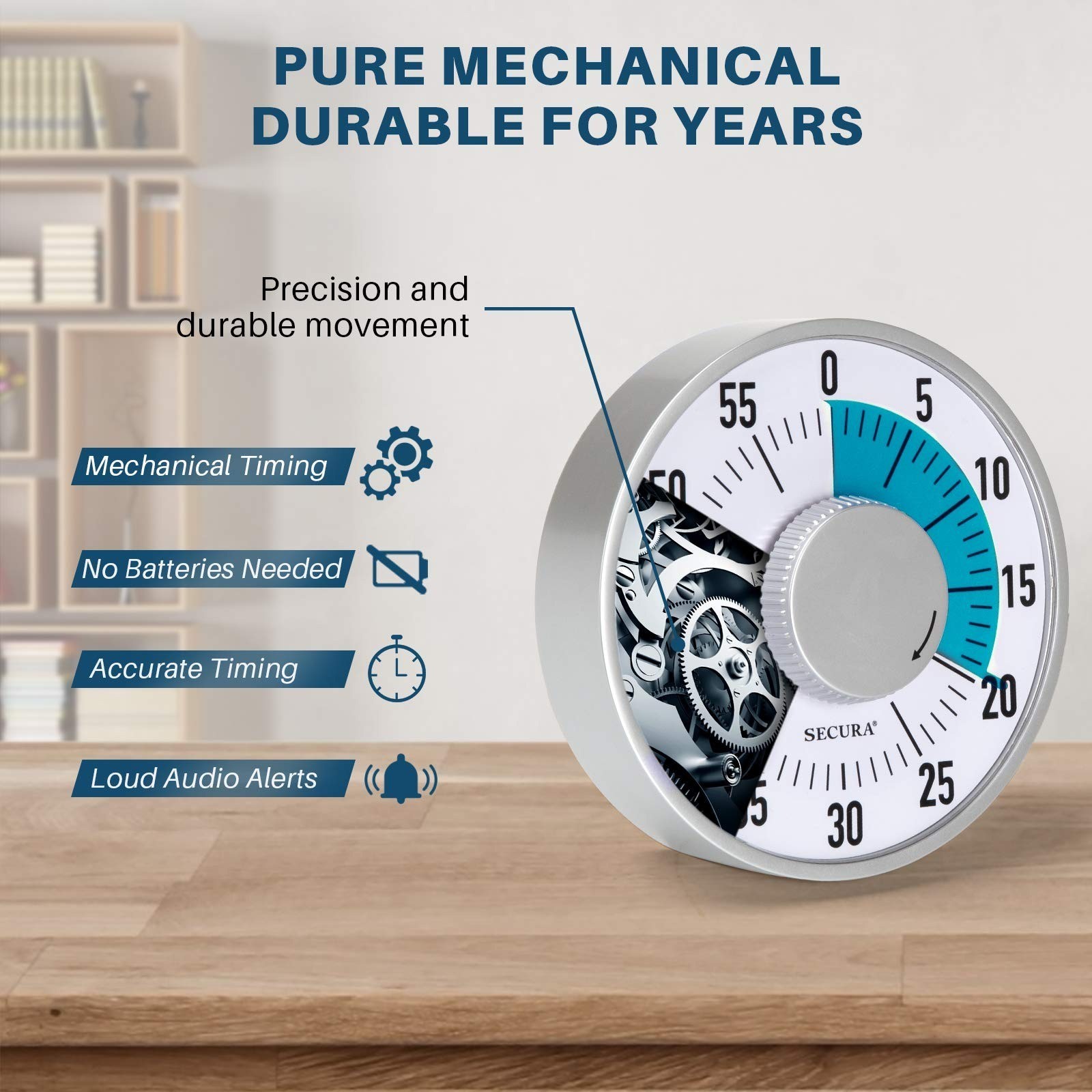 Secura 60-Minute Visual Timer - Mechanical Countdown Timer for Kids