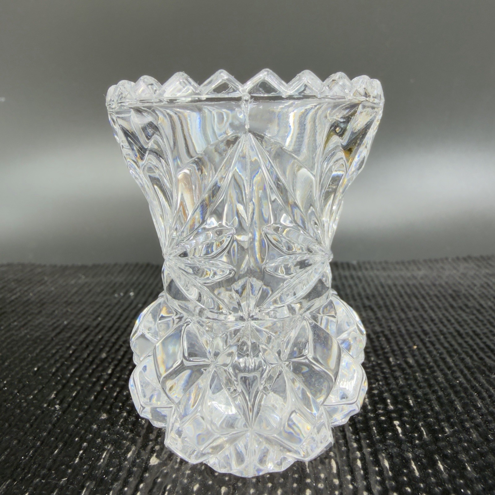 Clear Bohemian Czech Crystal Glass Toothpick Holder Bud Vase Sawtooth Edge VTG