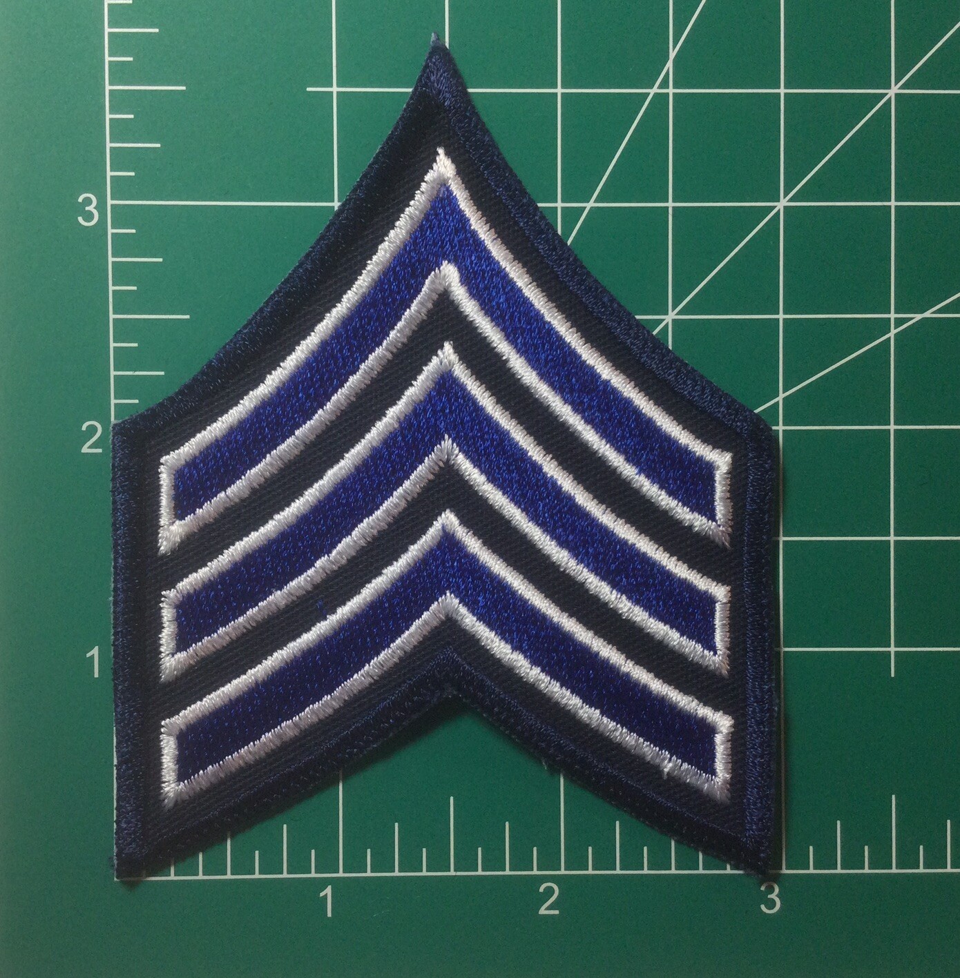 (2) Sergeant Chevron - 3" Wide - 3 White/Royal Stripes on Dk Navy (Navy Border)