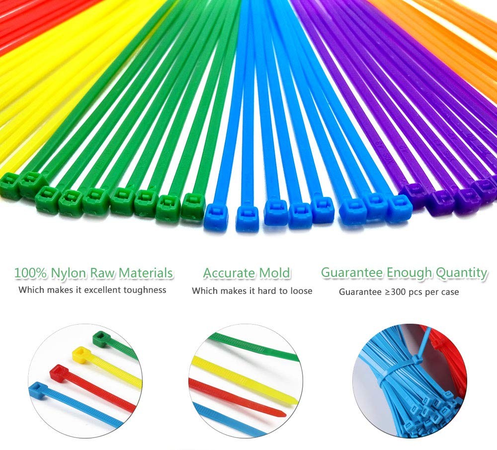 8 Inch Multi-Purpose Assorted Colored Cable Zip Ties, 300 Pieces