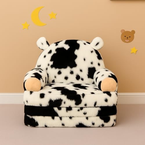 Toddler Chair with Faux Rabbit Fur – 2-in-1 Foldable Kids Couch, Soft Sofa cow
