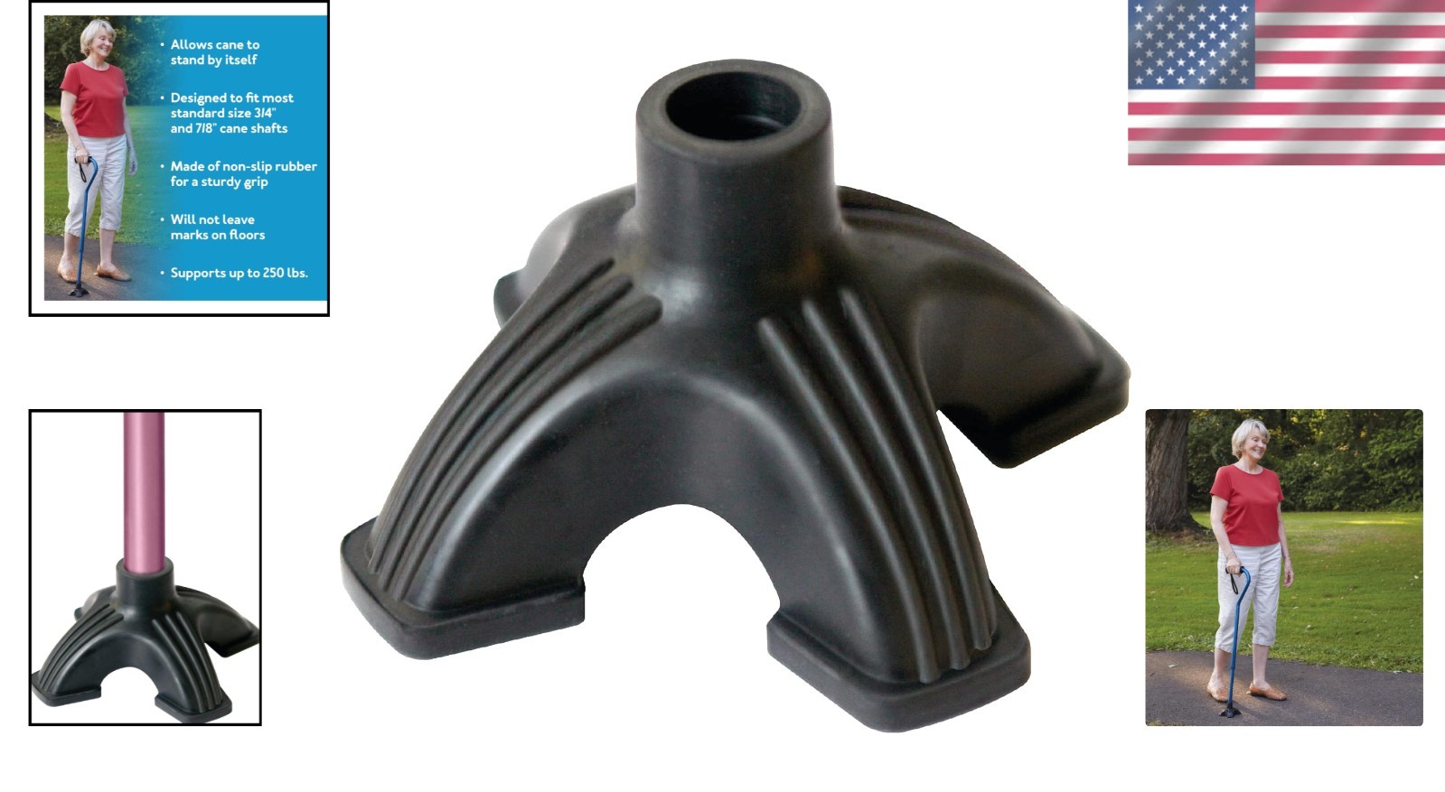 Rubber Cane Tip with Four Pronged Base for Stability and Balance Black