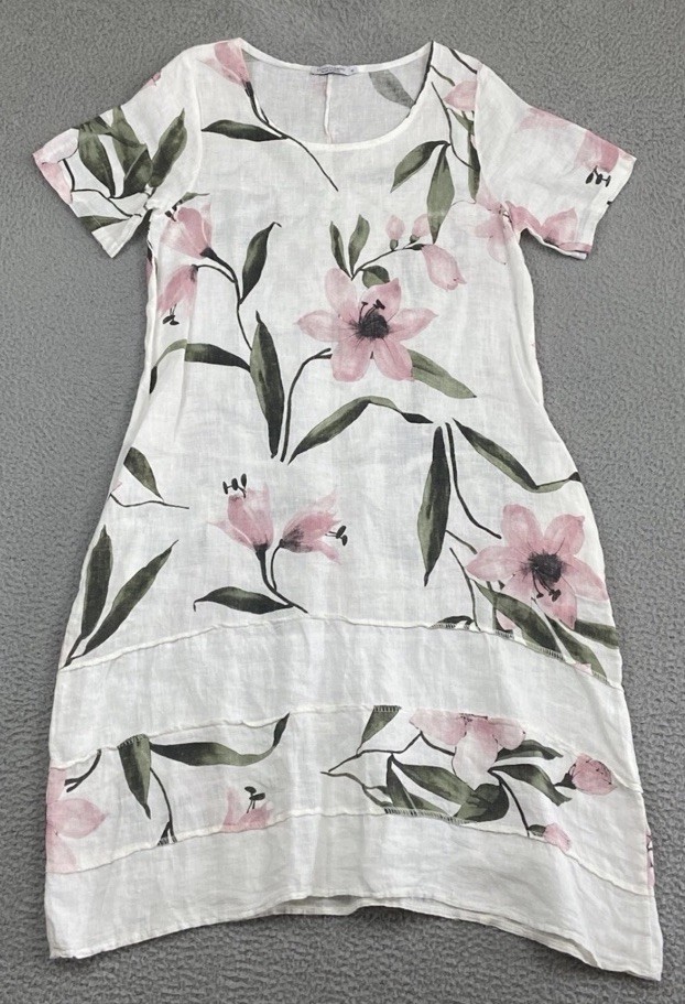 LUNGO L'ARNO Women Sz L Dress Linen Layered Hem Lagenlook Watercolor Art-to-Wear