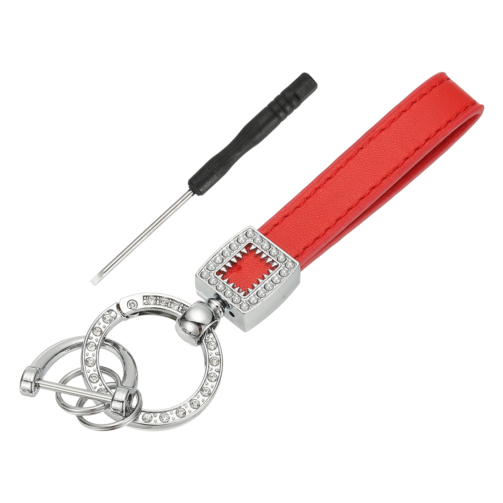 Leather Wristlet Keychain, Car Key Chain Holder with Silver Key Ring, Red