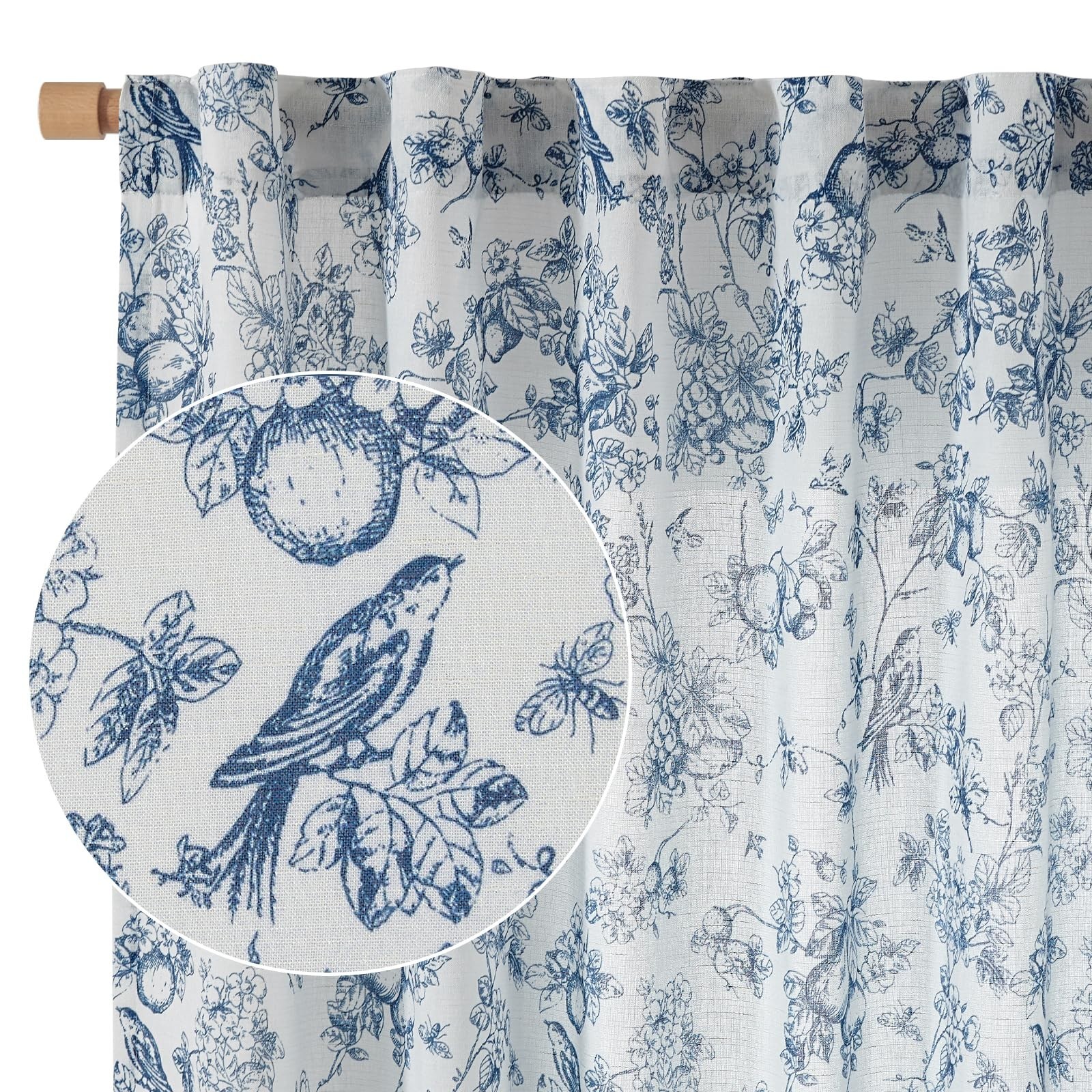 Vangao Linen Floral Curtains for Living Room 84 Inch Length Toile Blue and Wh...
