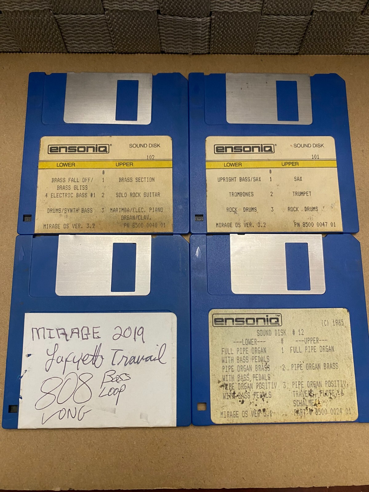 3 Ensoniq sound disks. Bass Brass Organ Synth 101, 102, #12 with a free Disk