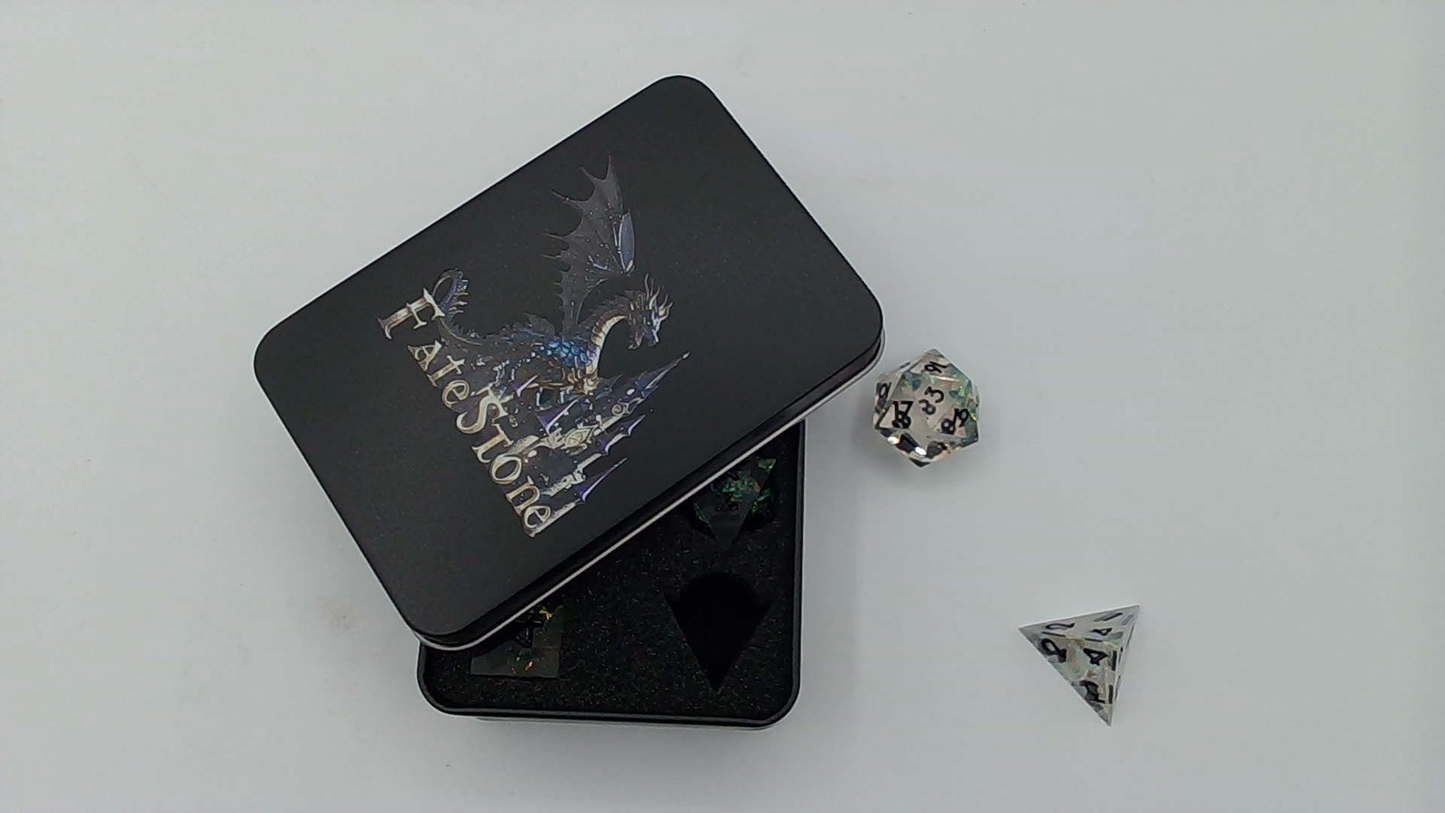 FateStone Metal Polyhedral Dice Set Black Bag Red Ampersand Logo