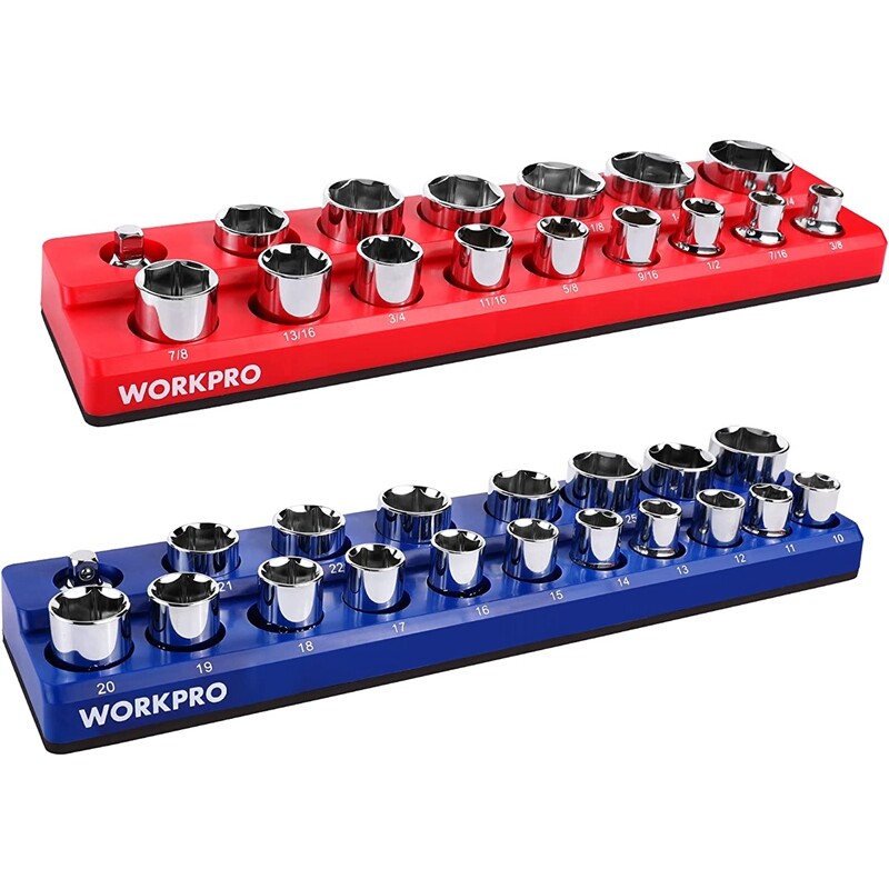 WORKPRO 2PC 1/2" Magnetic Socket Organizer Set Socket Holder Cart Set SAE Metric