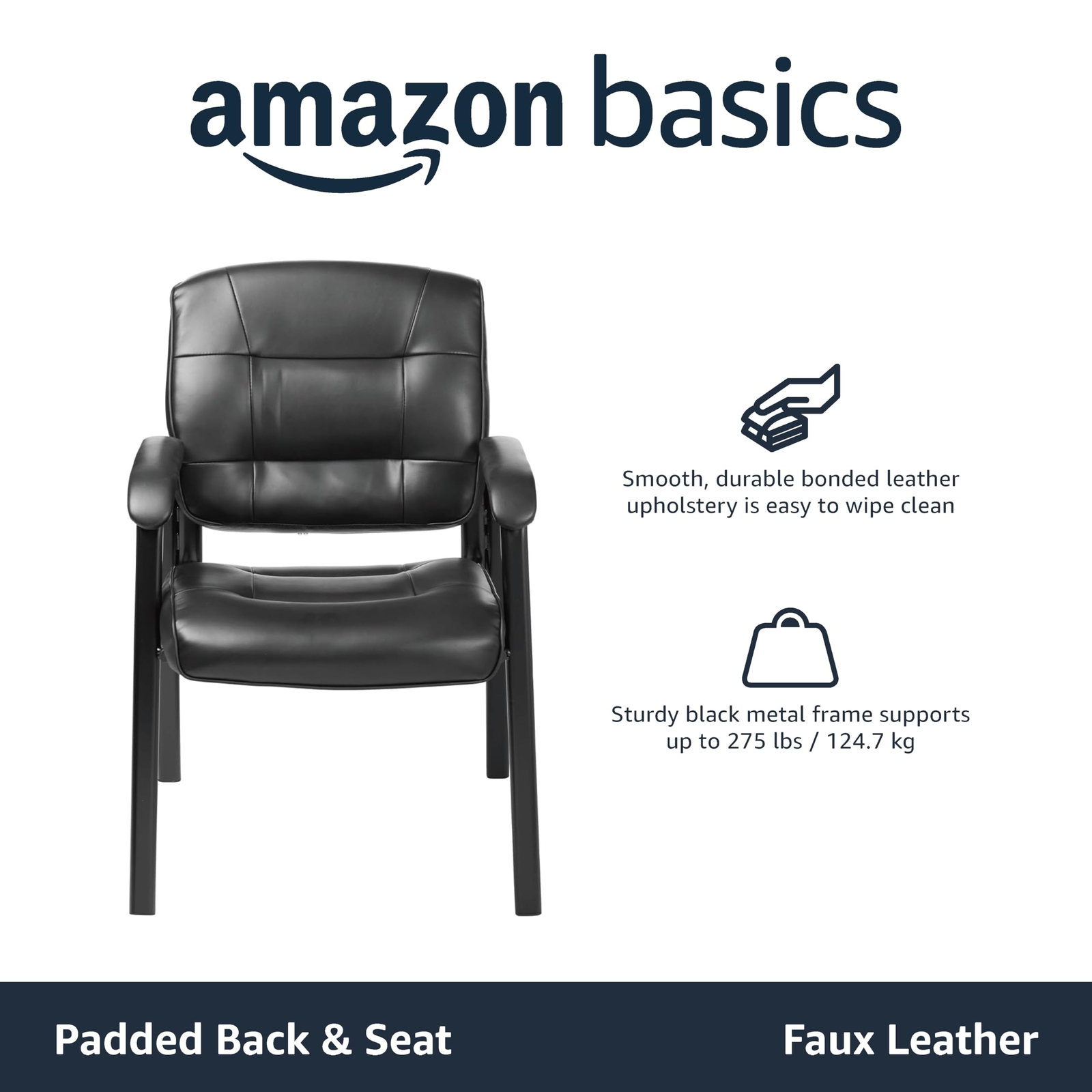 Classic Faux Leather Office Desk Guest Chair with Metal Frame Black 27.4D x