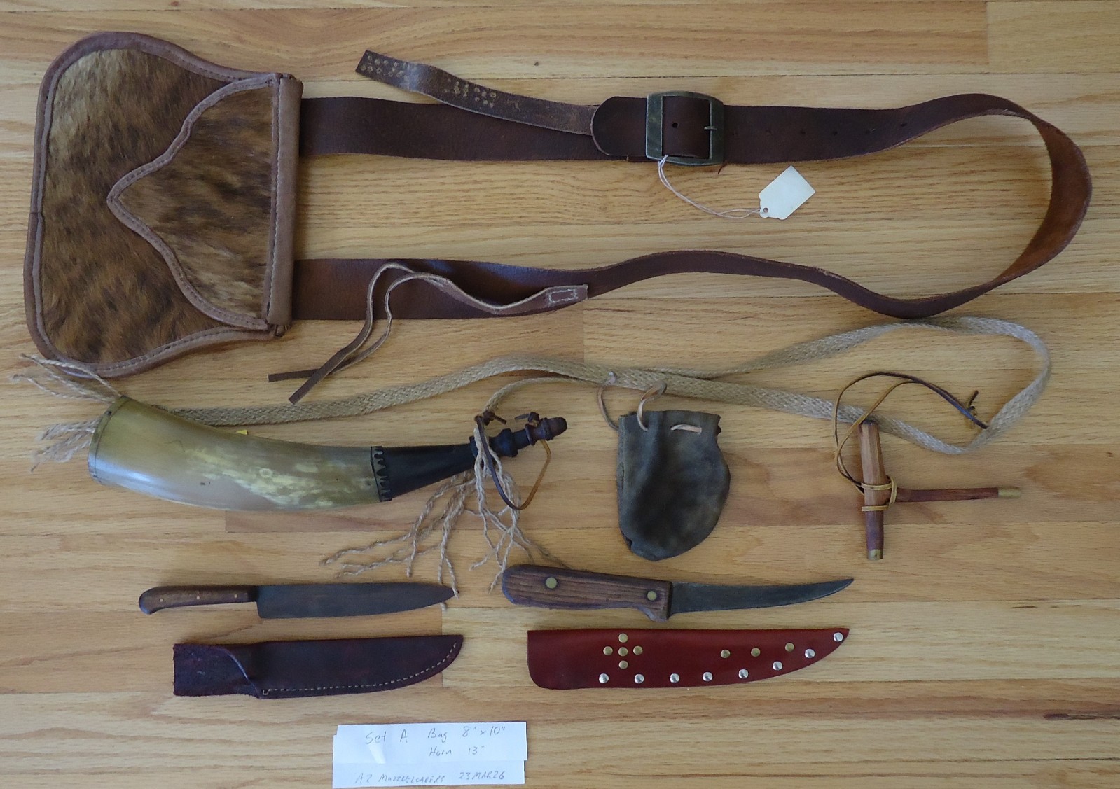Shooting Bag, Powder Horn, Knives, Short Starter, Ball Bag. Set A, Mountain Man