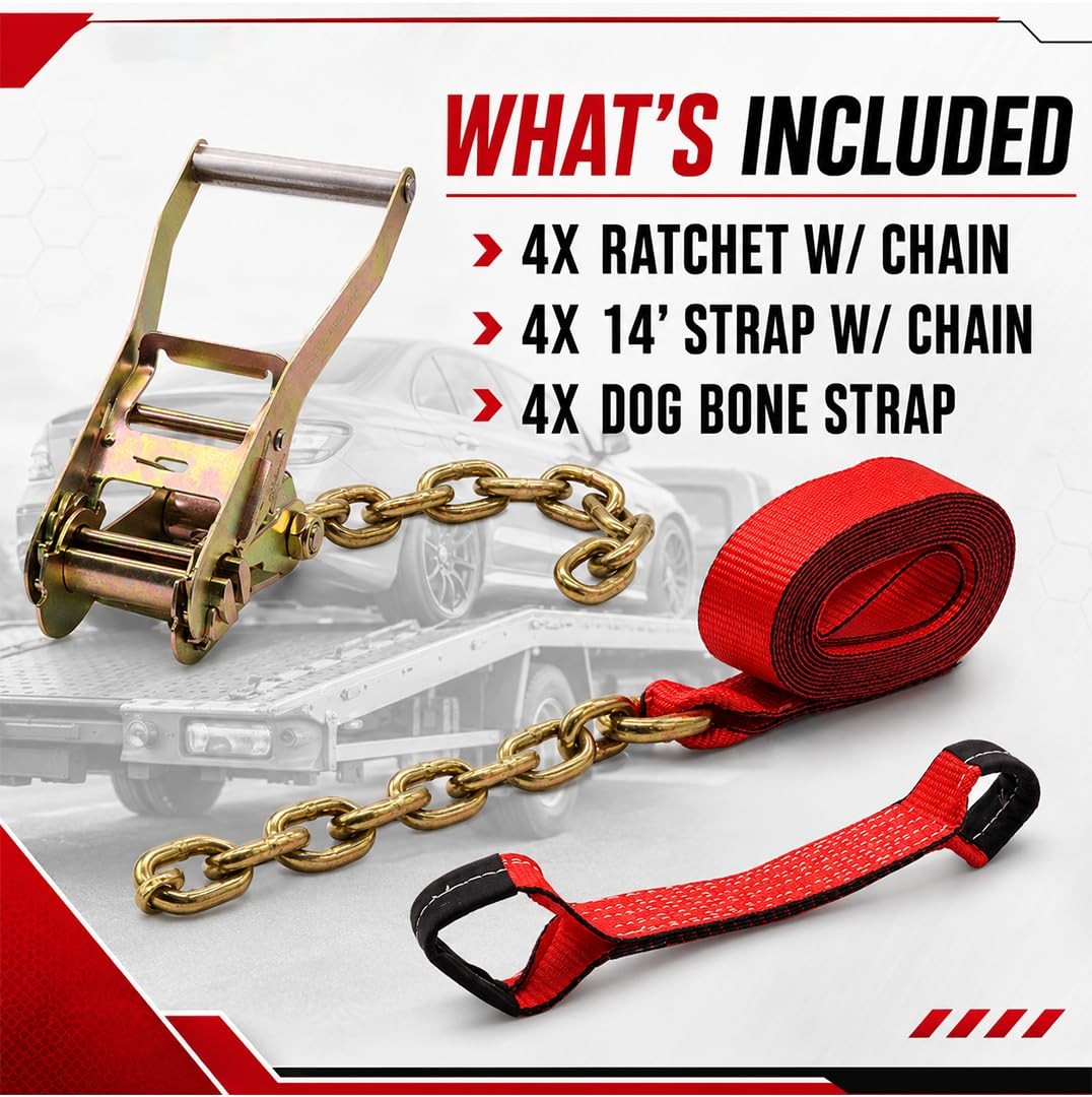 BoxerTool 8 Point Roll Back Vehicle Tie Down Straps with Chain Extension 2" X...