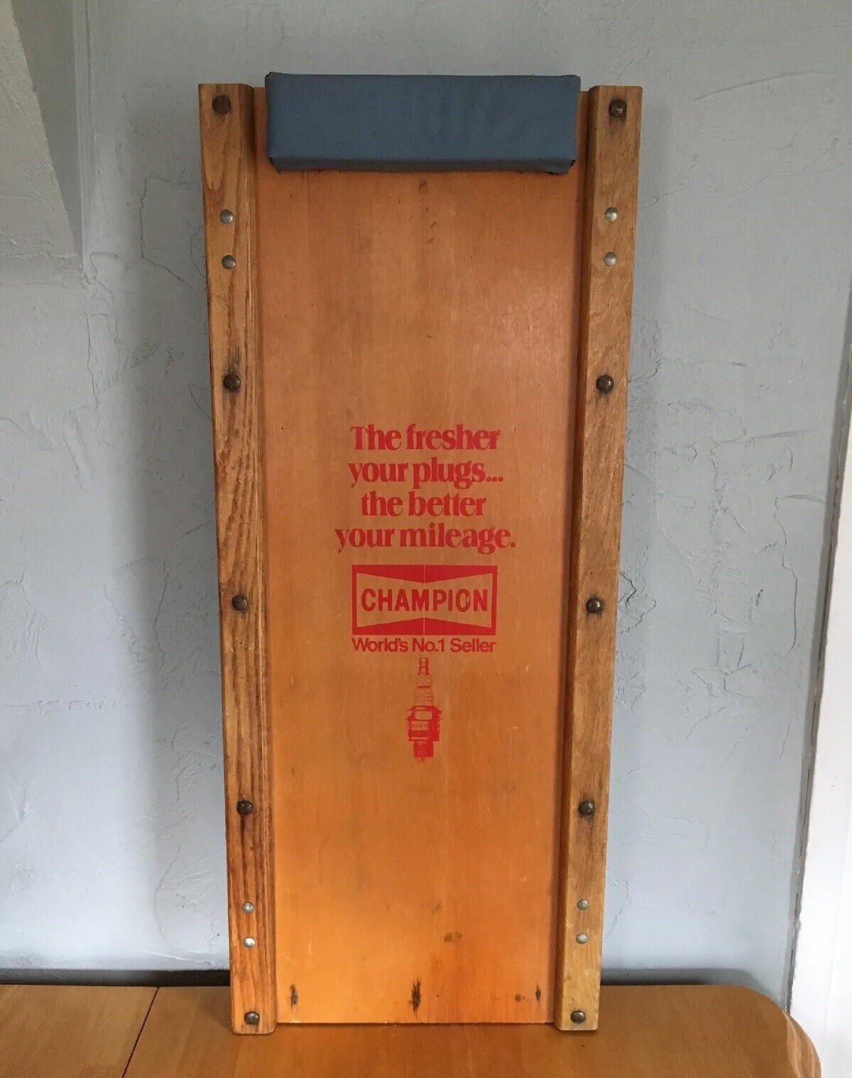Vintage Champion Spark Plug Wooden Mechanics Creeper Shop Tool Advertising Sign