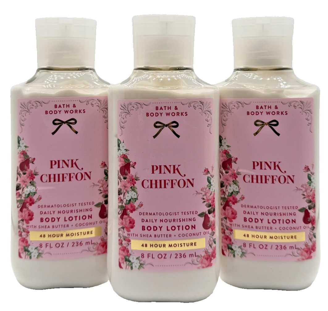 NEW Bath & Body Works Lot of 3 Bottles Pink Chiffon Daily Body Lotion Cream 8 oz