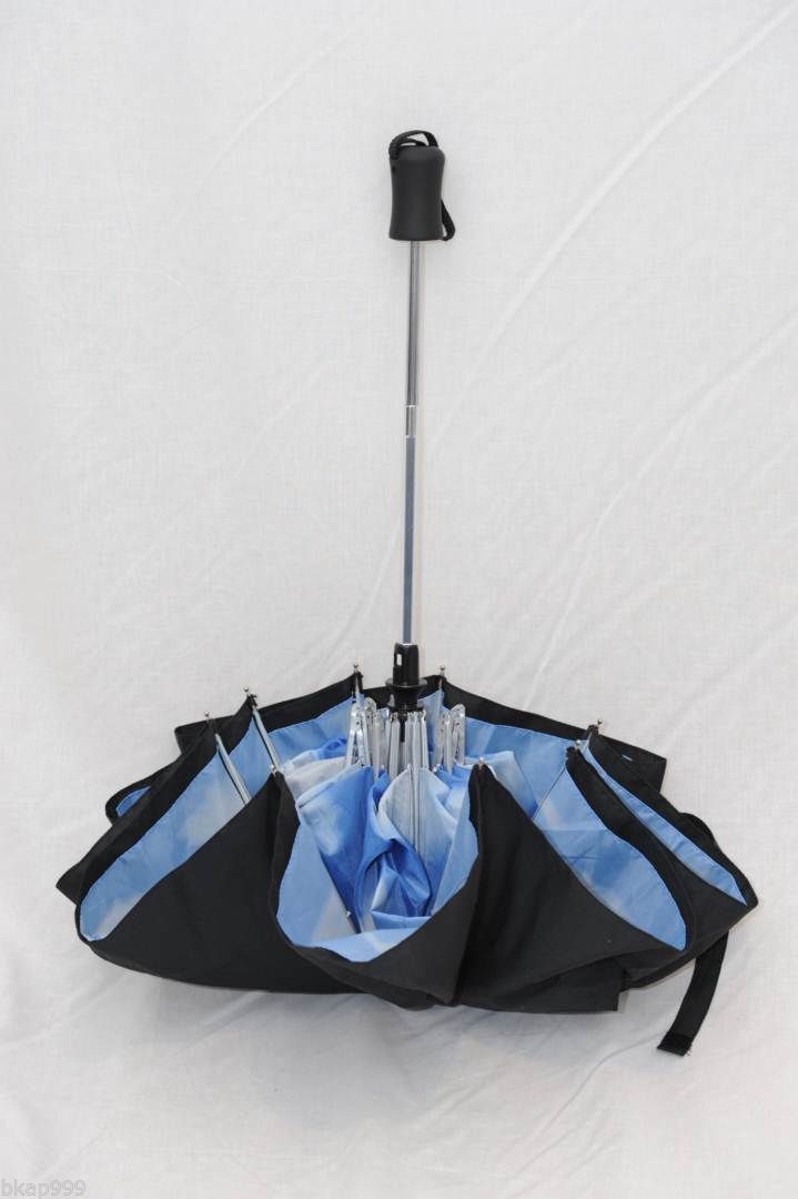 New Umbrella Compact Automatic Sturdy Travel Black with Blue Sky / White Clouds