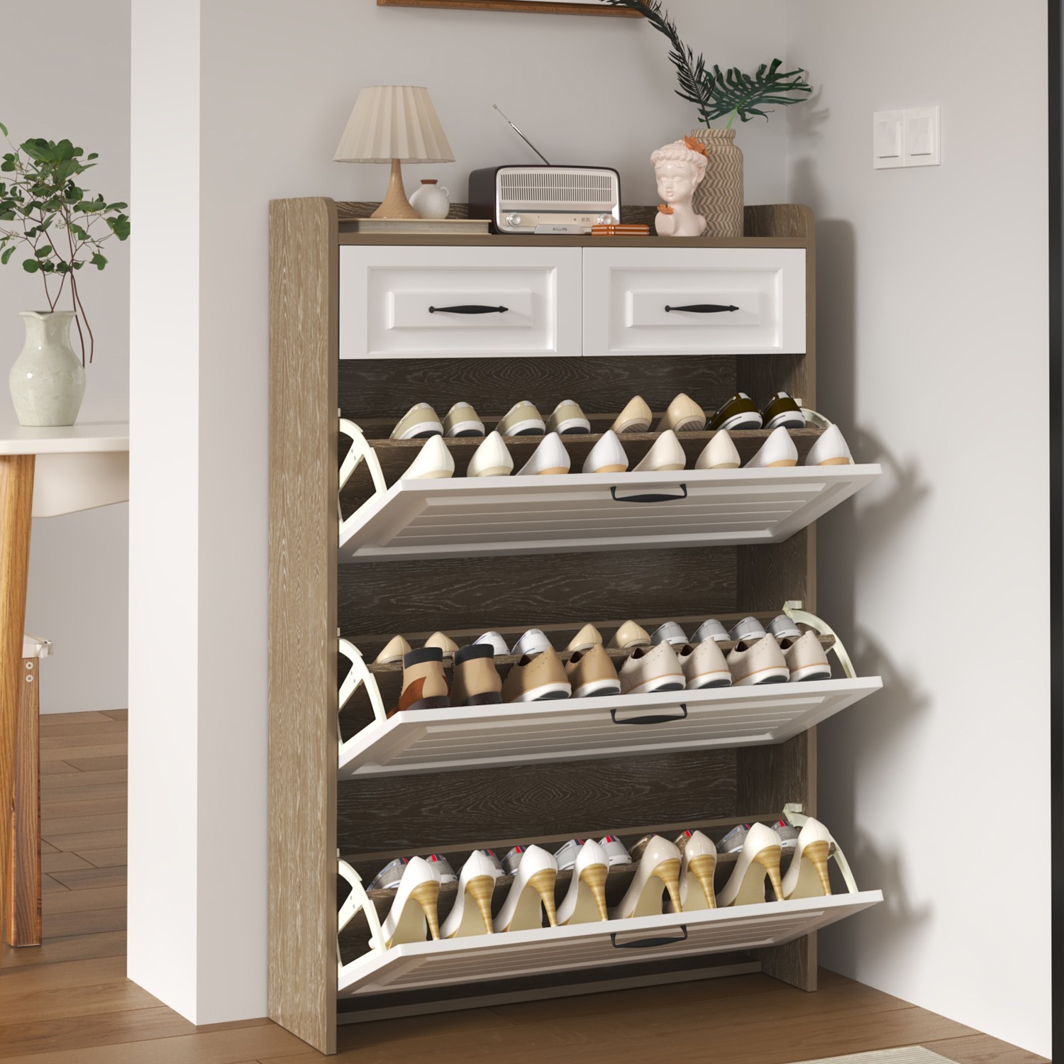 Shoe Cabinet with 3 Flip Door 2 Storage Drawers Shoe Rack Organizer for Entryway