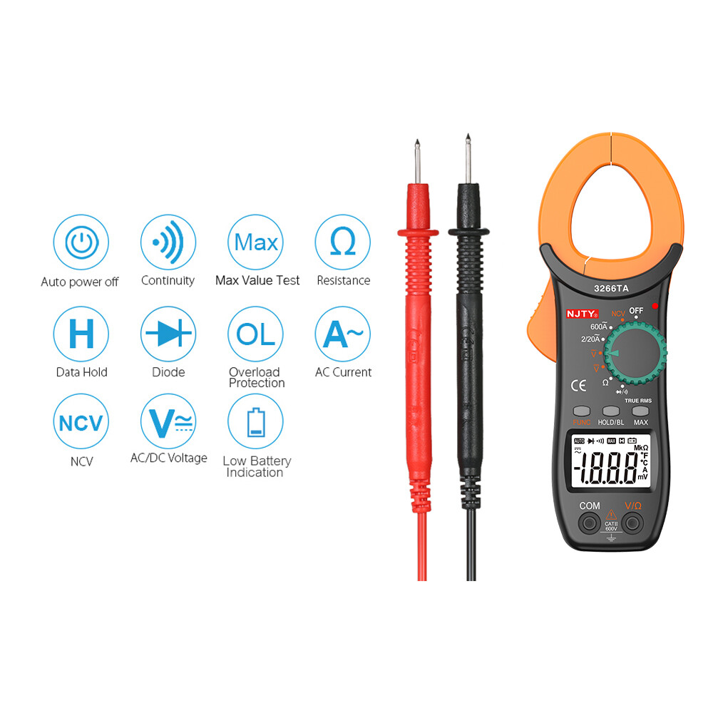 NJTY Digital Clamp Meter 2000 Counts Auto Ranging Multimeter NCV Test AC/ T9E1