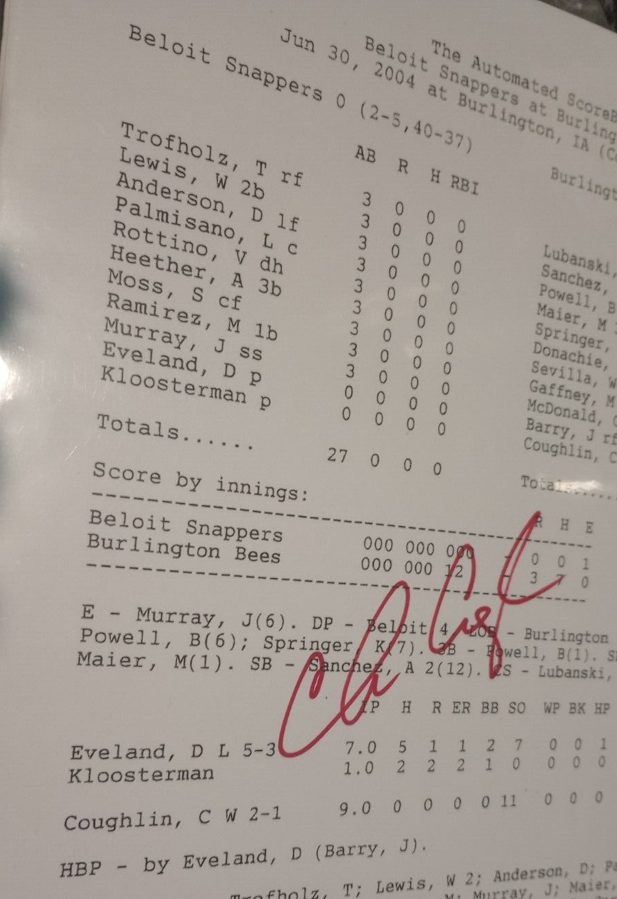 AUTO No Hitter CHRIS COUGHLIN Burlington Bees KC ROYALS June 30, 2004 Box Score