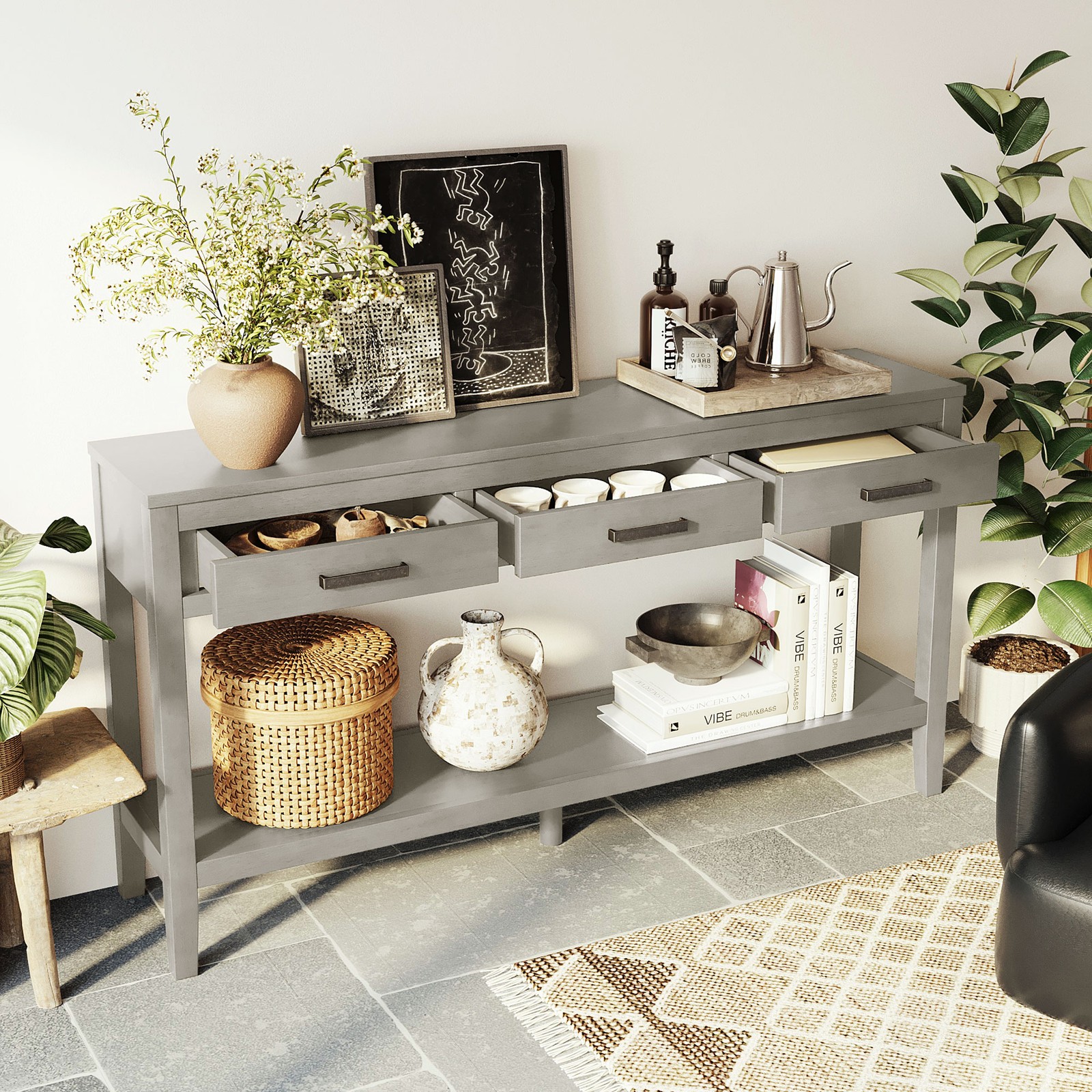 U_STYLE 59.1'' Farmhouse Entryway Table with 3 Drawers, Painted Console Table