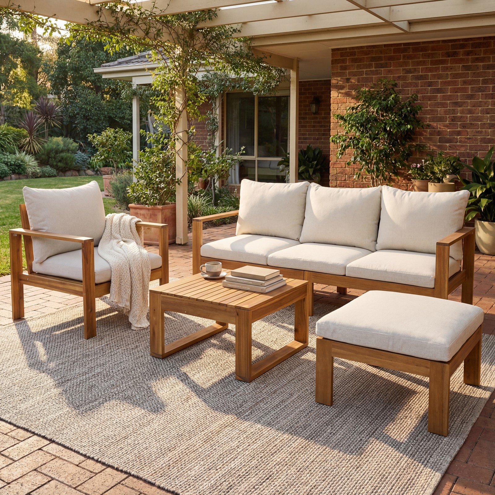 4-Piece Wood Patio Conversation Set Sectional Sofa Set w/ 2 Chairs Sofa Table