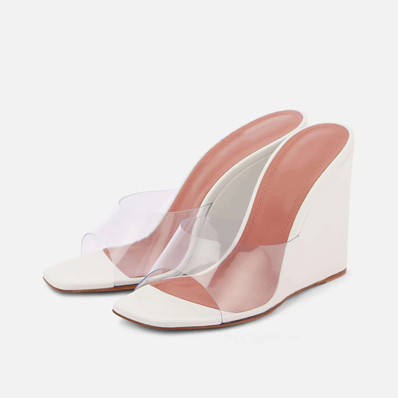 Square Toe Open Toe Slippers Womens Transparent Strap Slingback Wedge Heel Mules