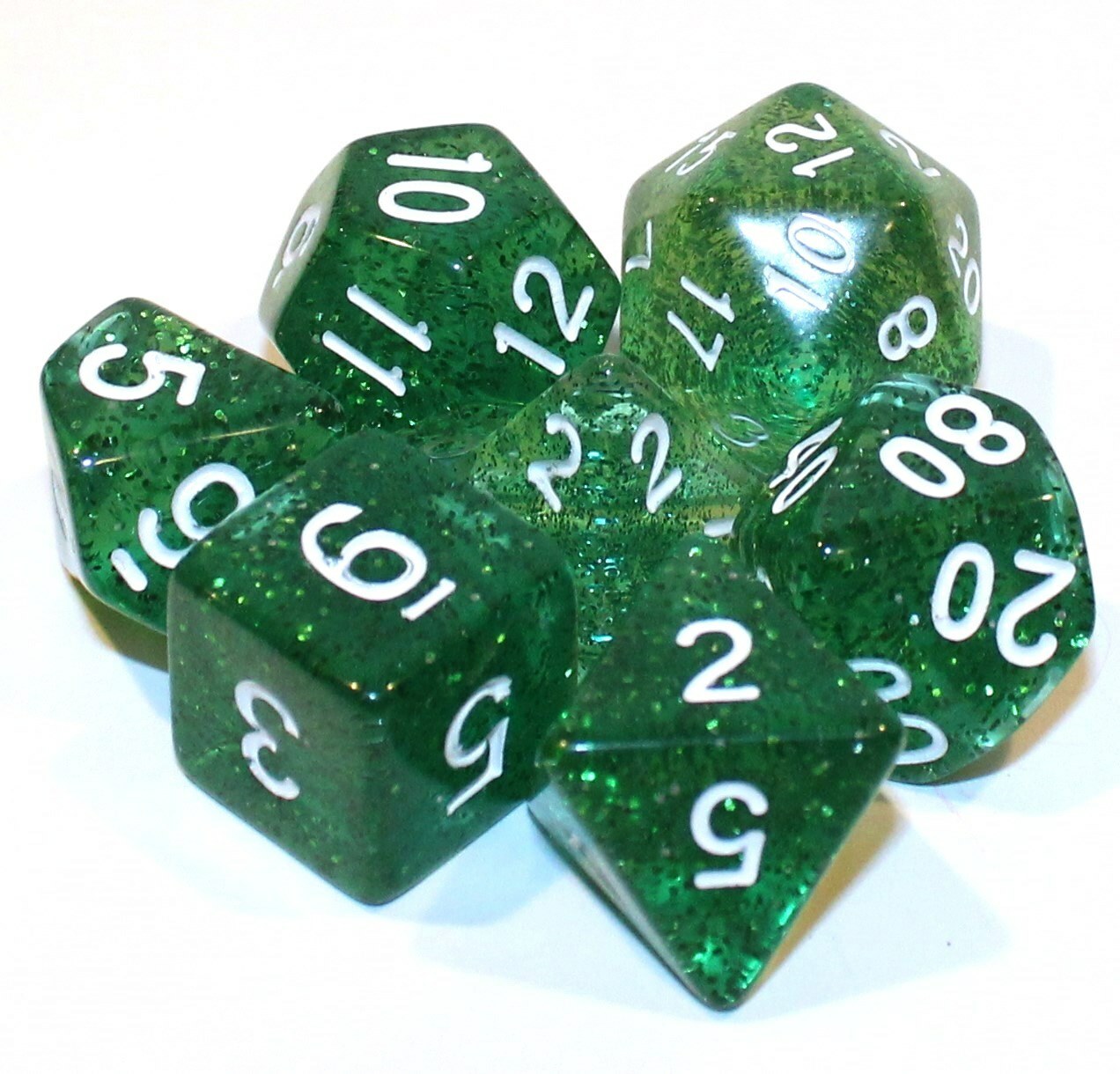 7 Piece Green Glitter Polyhedral Dice Set w/ Green Dice Bag - RPG D&D