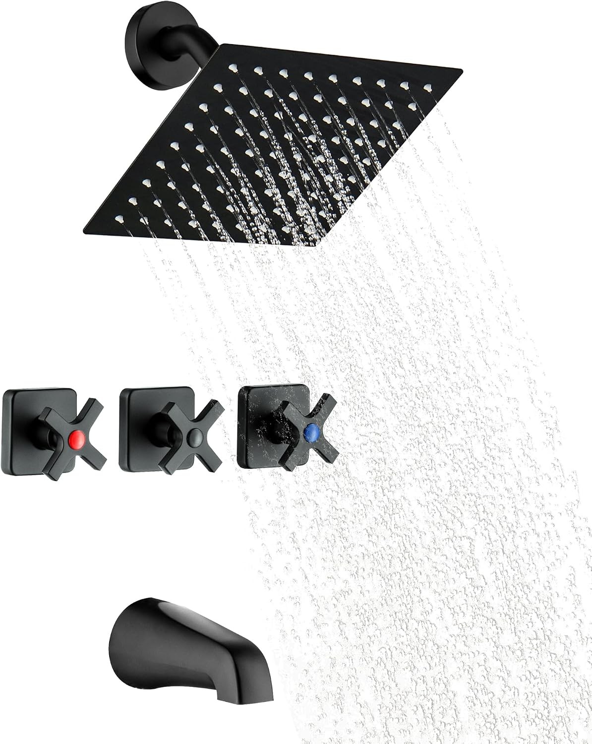 3 Handle Shower Faucet with Tub Spout Matte Black 3 Knobs Bathtub and Shower