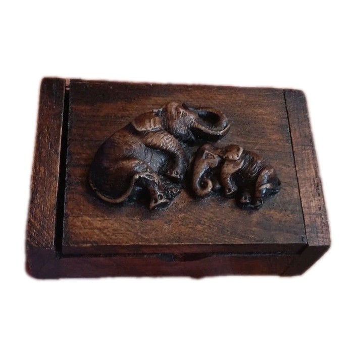 Small Wood Trinket Box With Elephants On Top
