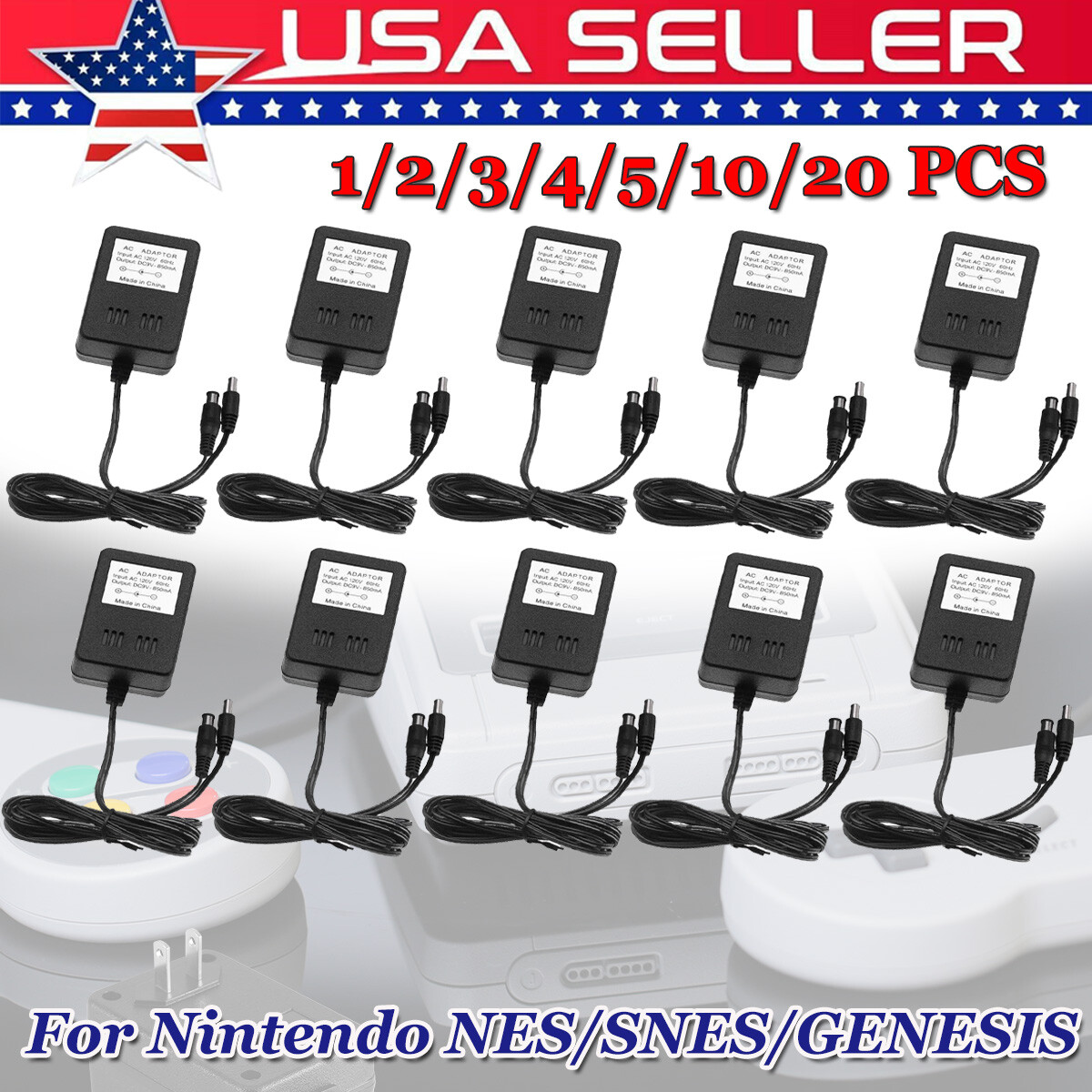 1-20 X AC Power Supply Power Adapter Cord For Super Nintendo NES/SNES/GENESIS