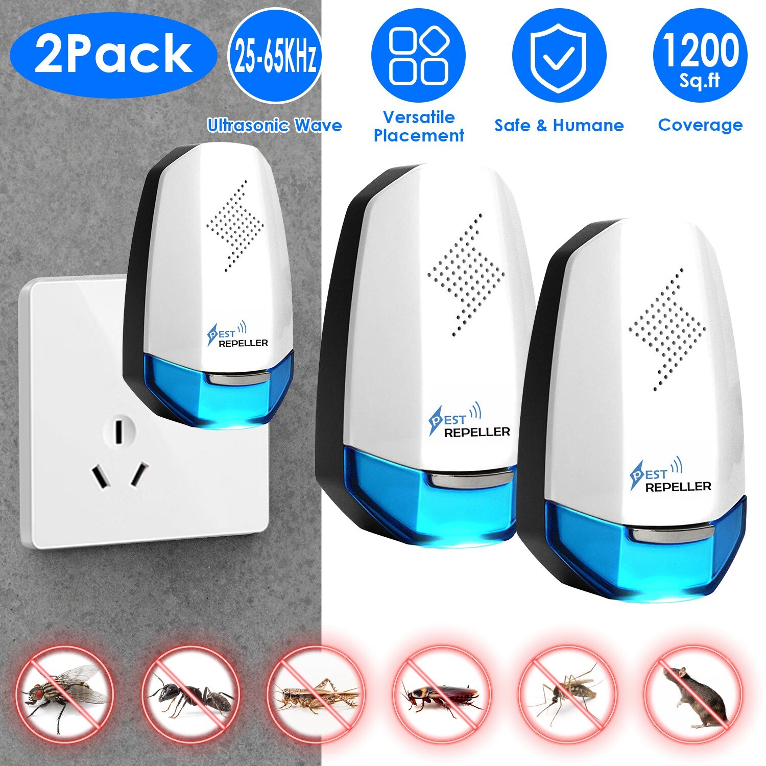 2x Ultrasonic w/ Night light Plug In Bed Bug Mouse