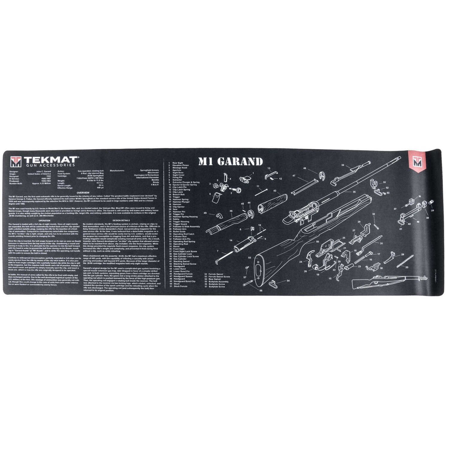 TekMat 12"x36" M1 Garand Parts Diagram Cleaning Mat #TEKR36M1GARANDBK