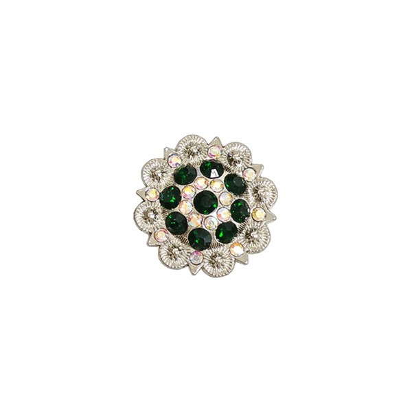 1 1/2" Flower Concho with Dark Green and Clear Rhinestones and screw back.